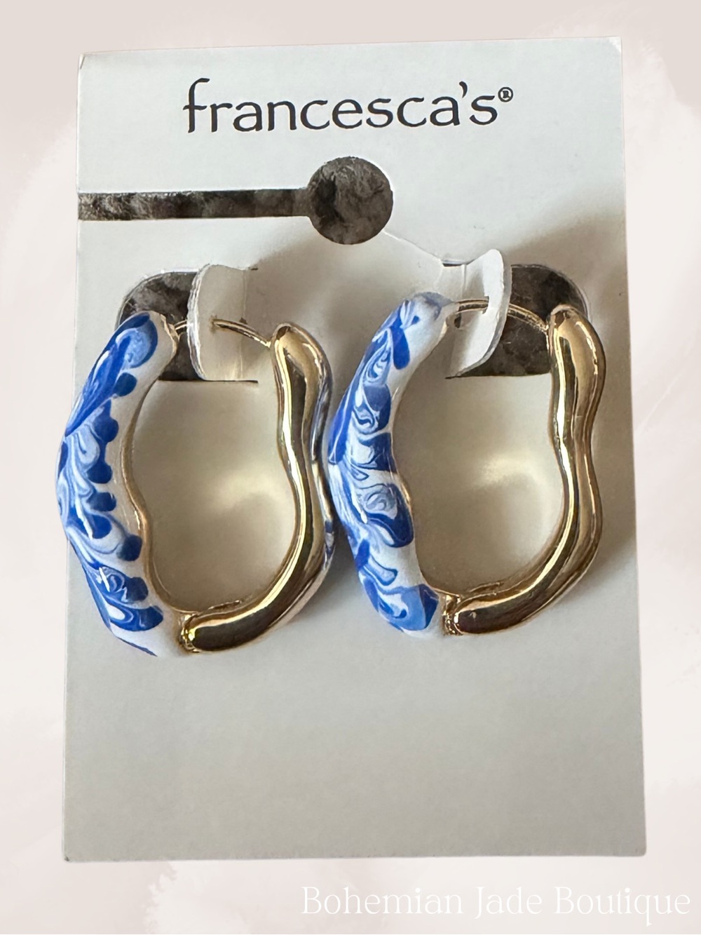 Francesca’s Collections Blue Marble Resin Gold Tone Huggie Hoop Earrings NWT - Picture 5 of 6